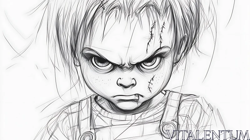Angry scarred child character rendered as rough ink sketch