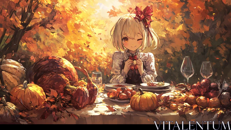 Autumn outdoor table scene with girl and arranged pumpkins.