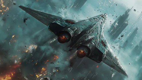 Hypersonic strike craft over burning megacity airspace.