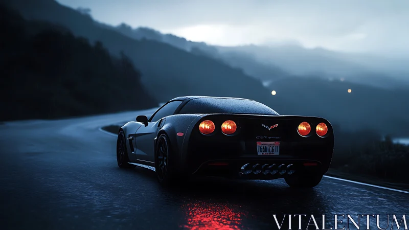 Sports coupe accelerates along wet mountain road at dusk