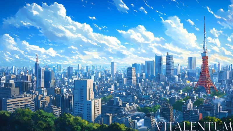 Sunlit anime Tokyo skyline with vivid red broadcast tower.