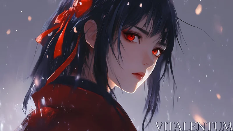 Red eyed girl in red coat with falling particles at dusk.