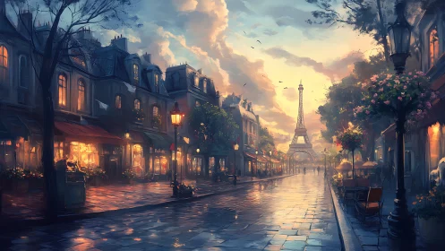 Sunlit Parisian boulevard glows beneath a dreaming sky.