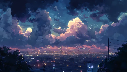 Storm-dream clouds drift above neon-dusted twilight city.
