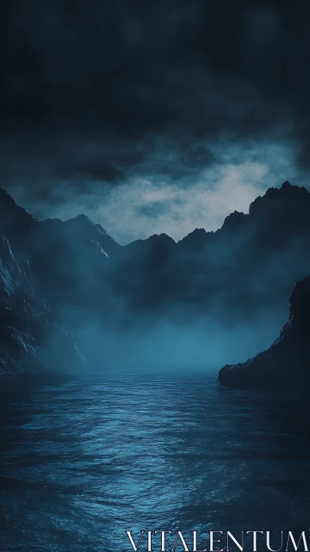 Moonlit mist drifts over a dark, mysterious mountain fjord
