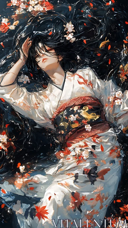Kimono-clad woman immersed in dark water with koi and foliage