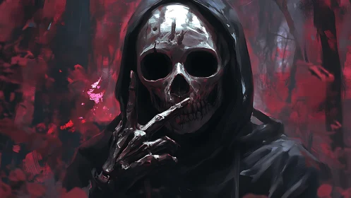 Hooded skeletal reaper signals silence in bloodred forest