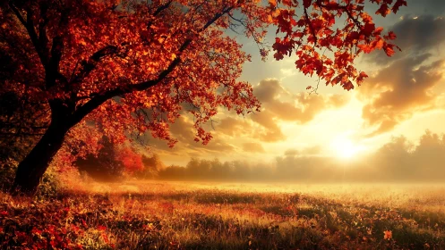 Autumn blaze crowns a misty meadow in molten sunrise light.