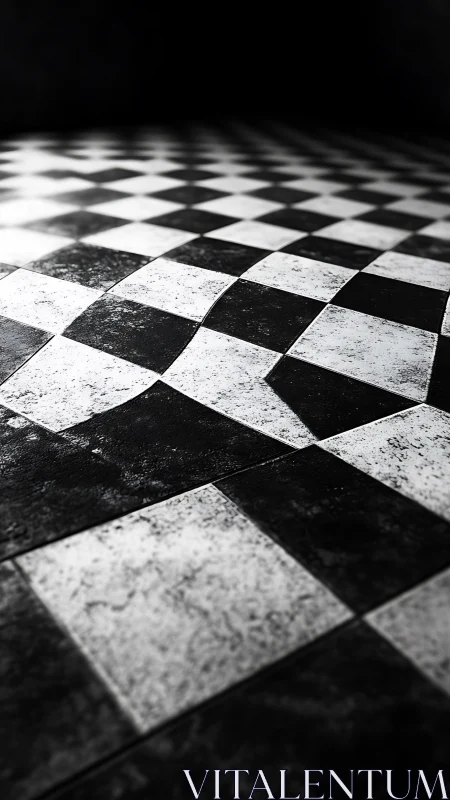 Worn checkerboard floor recedes into a stark, shadowed void