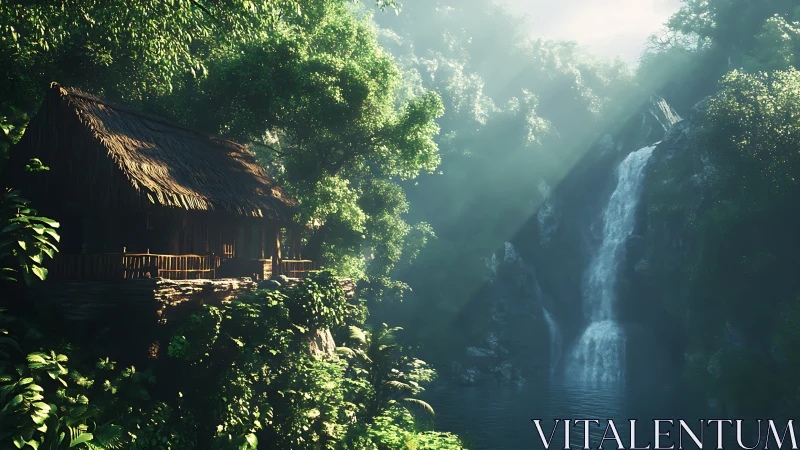 Sunlit jungle cabin rests beside a misty cascading waterfall