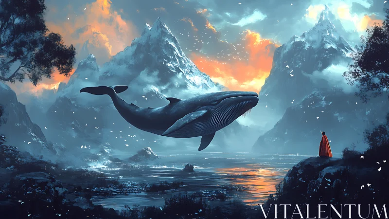 Levitating whale drifts over a mythic glacier at sunset