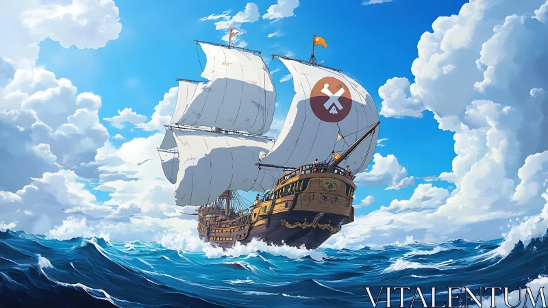 Wooden galleon cuts through bright midday ocean swells