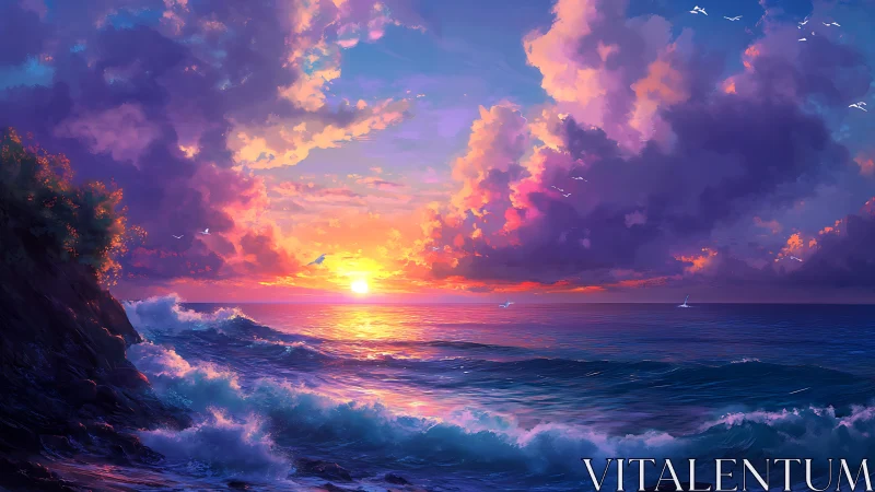 Sunset tide orchestra under candy-cloud skies.