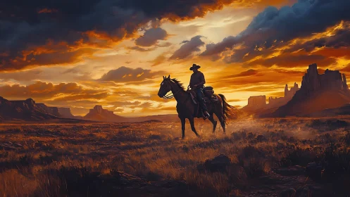 Solitary cowboy silhouetted against blazing desert sunset.