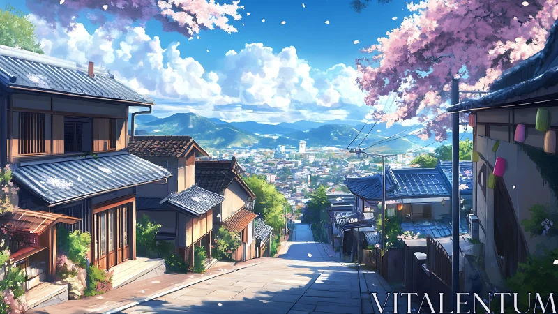 Quiet hilltop street opening onto a sunlit spring town.