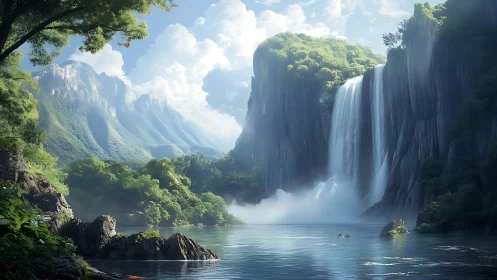 Lush mountain valley with towering waterfall and misty lake.
