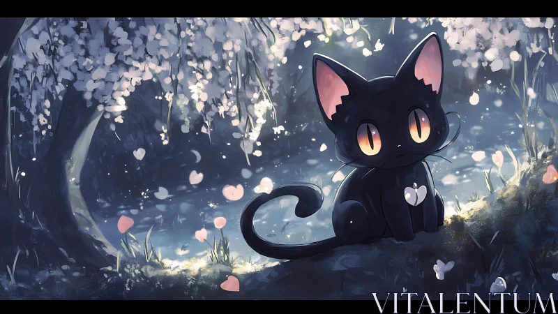 Nocturnal black cat under cherry blossoms rendered in soft light
