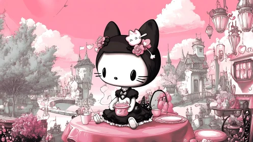 Gothic kitty enjoys pastel tea in whimsical pink town.