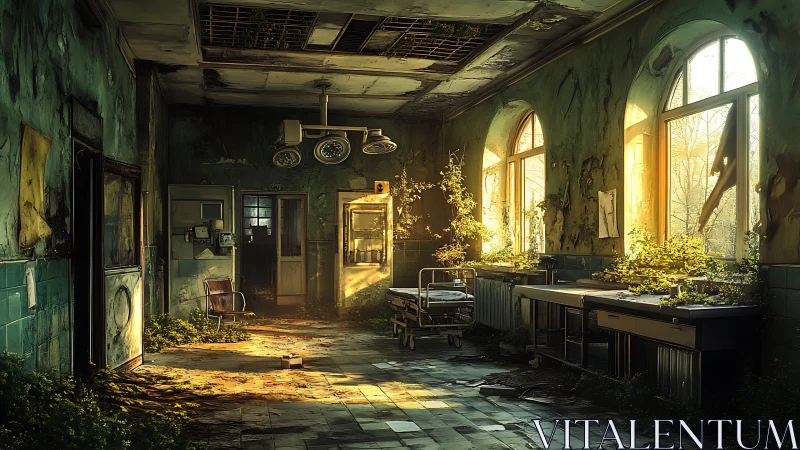 Sunlit greenery gently reclaims a quiet abandoned hospital room