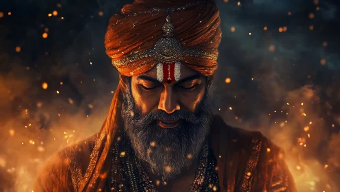 Meditating turbaned elder framed by glowing embers.