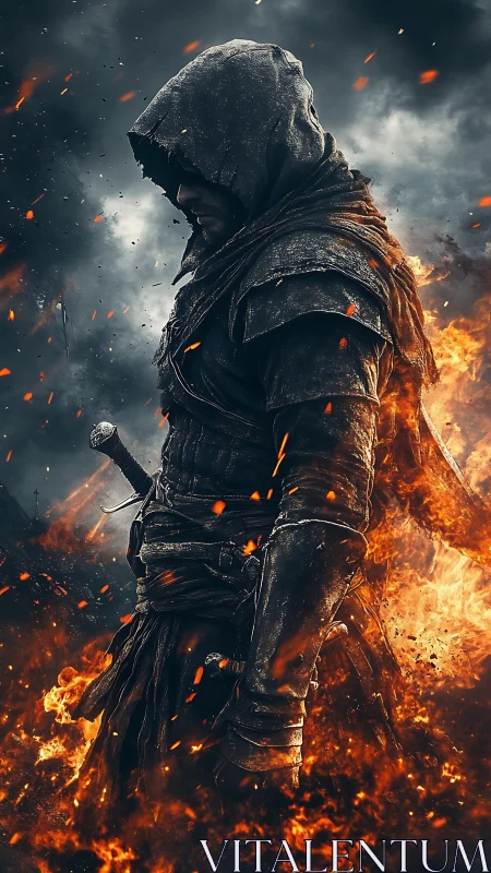 Cloaked warrior in inferno with cinematic dramatic lighting.