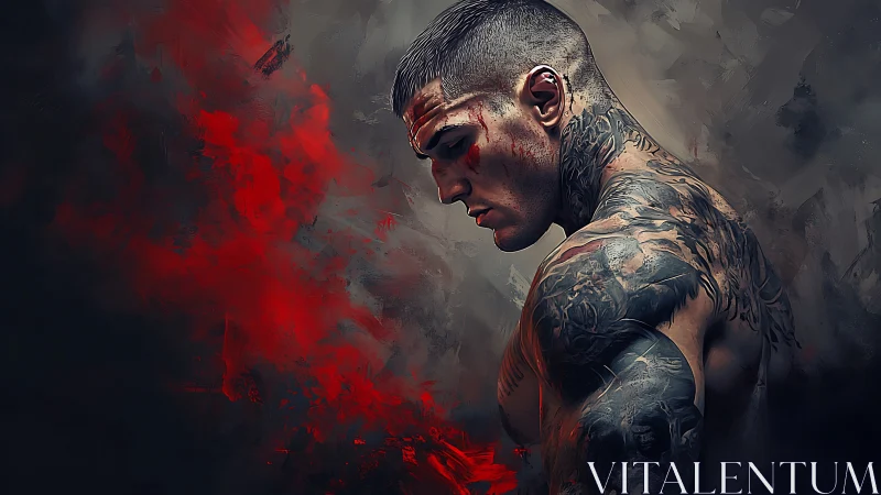 Tattooed male fighter profile with red abstract backdrop.