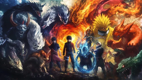 Elemental warriors encircled by towering mythical beasts.