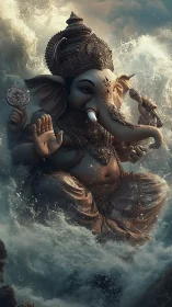Digital deity rendering of ornate Ganesha amid dynamic waves