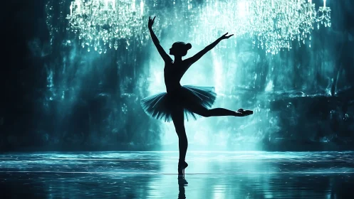 Graceful ballerina poised beneath shimmering crystal lights.