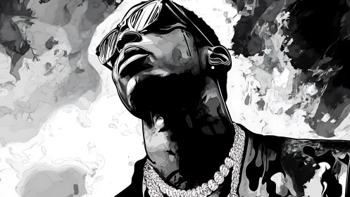 Monochrome vector portrait of rapper in sunglasses and chains