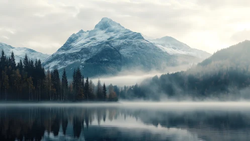 Snowcapped monarch leans over misty pines and mirrored lake