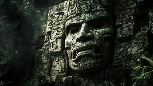 Ancient stone temple face emerges from mossy jungle wall.
