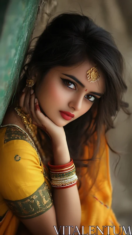 Portrait of young Indian woman in yellow saree, ornate jewelry