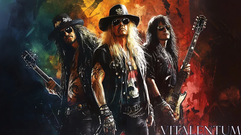 Rock trio with guitars against abstract painted backdrop.