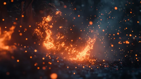 Dynamic fire and embers dispersing against dark background.