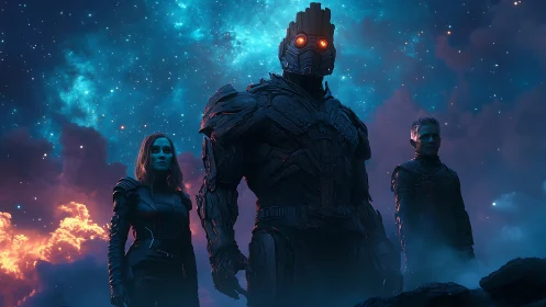 Starbound heroes stand tall beneath a glowing cosmic sky.