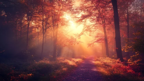 Sunlit Autumn Forest Path with Golden Light and Warm Atmosphere.