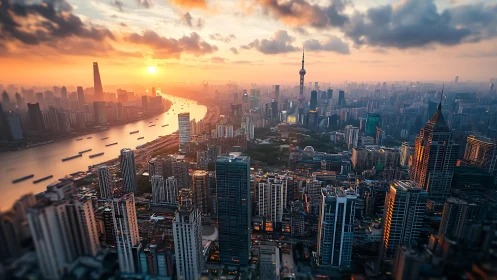 Sunlit Shanghai skyline curves along glowing Huangpu River.