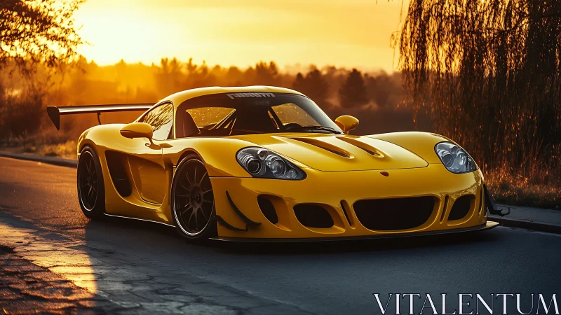Golden hour embraces a sleek yellow sports car on a quiet road