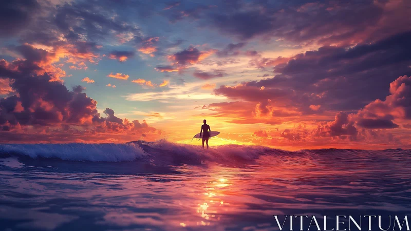 Sunset surfer gliding through glowing cotton candy waves.