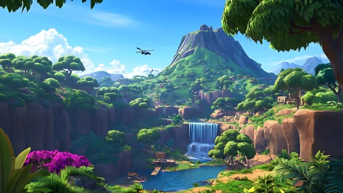 Lush Fantasy Valley with Mountain Peak and Waterfall
