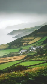 Photographic coastal farmland with misted headlands perspective.