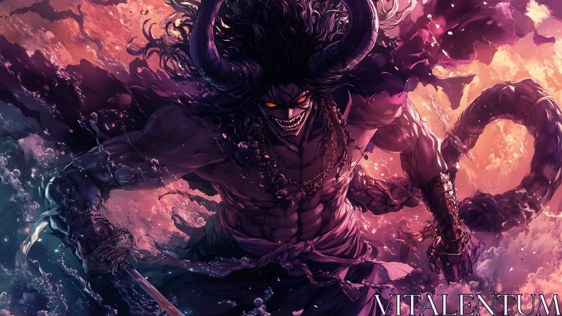 Demonic horned warrior erupts from storming ocean in fury.