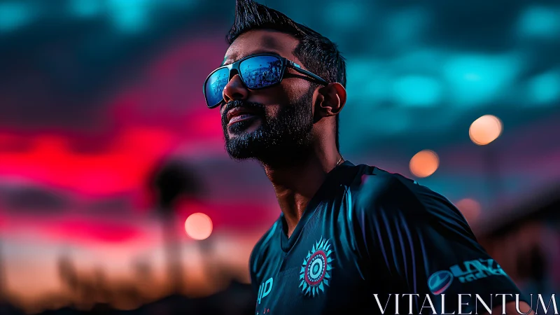 Sunset glow wraps a confident man in reflective shades