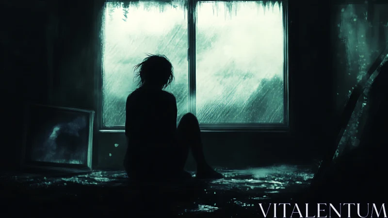 Silhouetted figure alone in dark room facing rainy window.