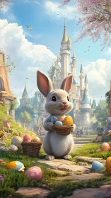 Cute Easter bunny holding colorful eggs in fantasy village.