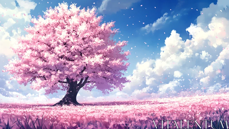 Single sakura tree dominates pink meadow under dynamic cumulus sky