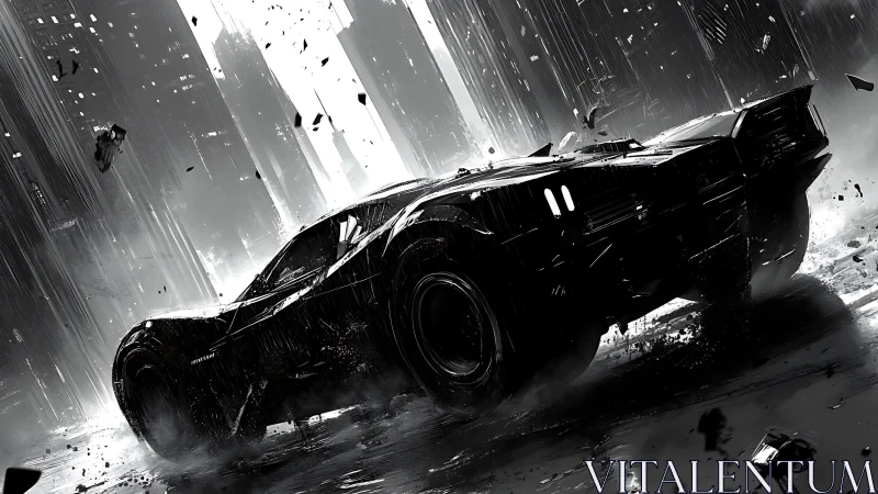 Monochrome cyberpunk supercar in dynamic rain-swept perspective.