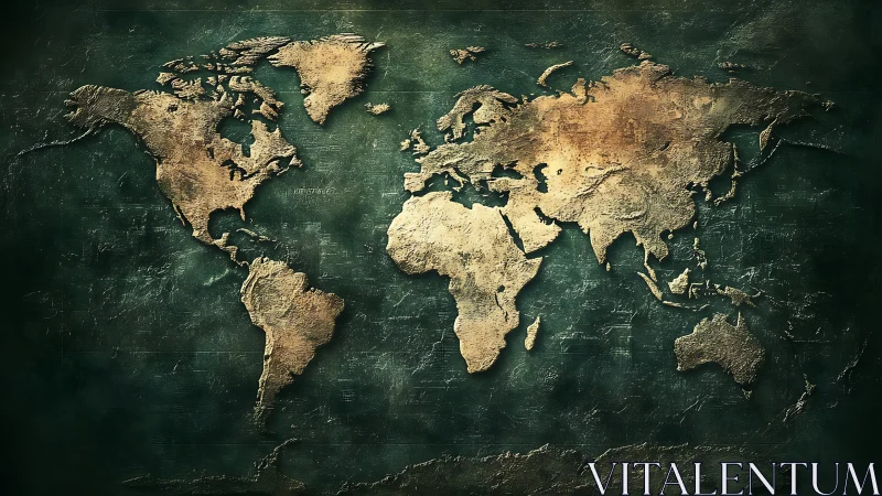 Textured world map relief shows continents on dark surface