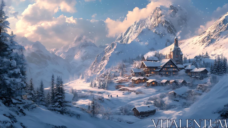 Snow covered alpine village beneath high mountain peaks.